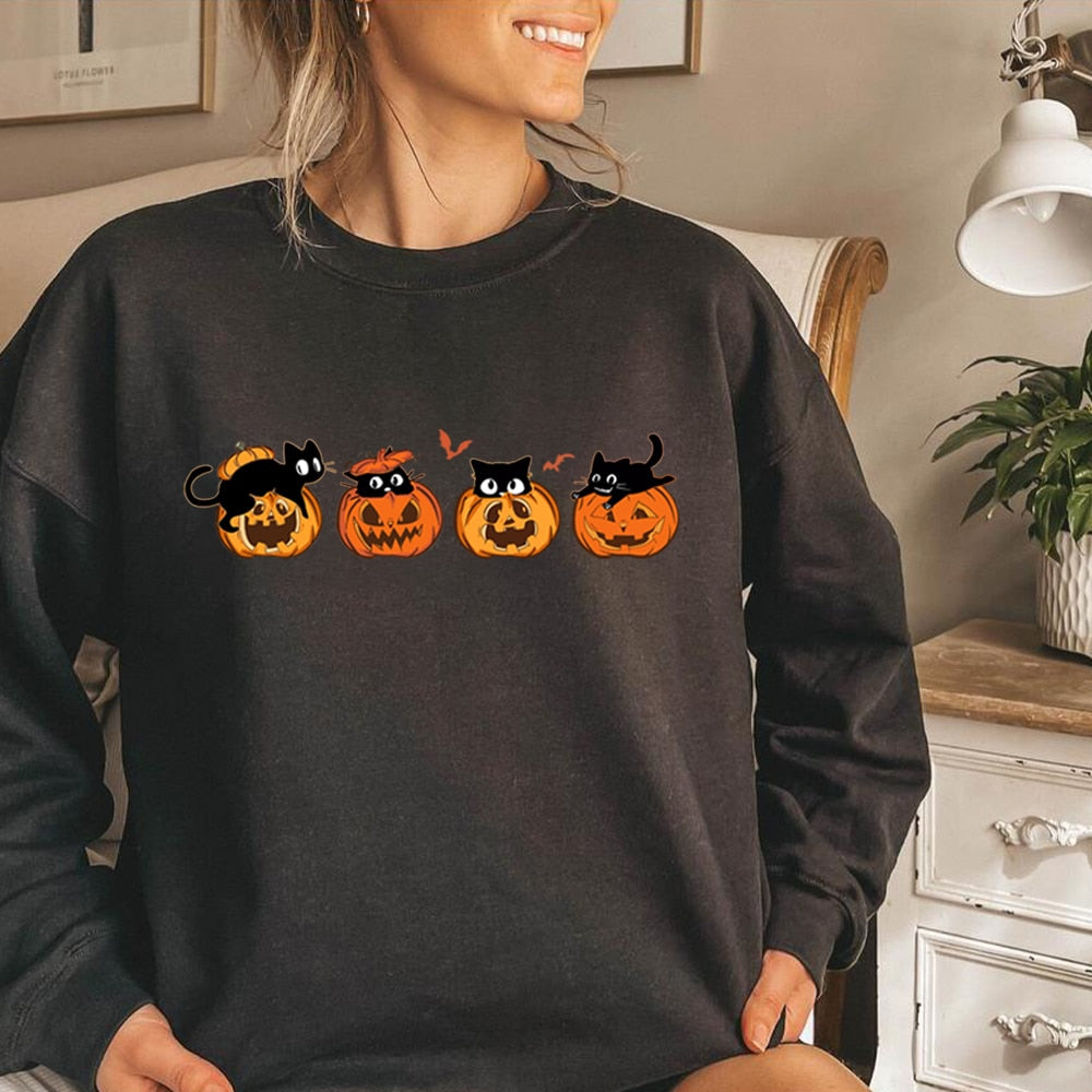 Black Cat and Pumpkin Graphic Sweathirts Cute Halloween Hoodiea