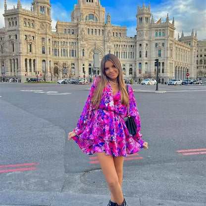 V Yaka Vintage Çiçek Desenli Elbise