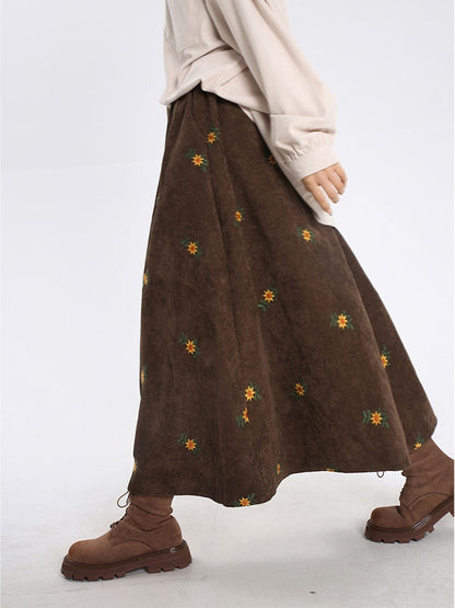 High Waist Corduroy Embroidery Long Retro Skirt