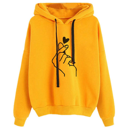 Finger Heart Print Drawstring Hooded Hoodie