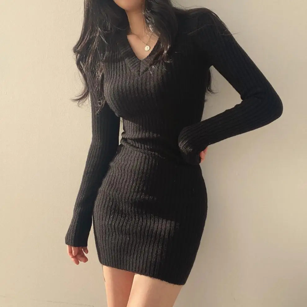 Retro Knitted Mini Solid Color V-Neck  Wrapped Dress