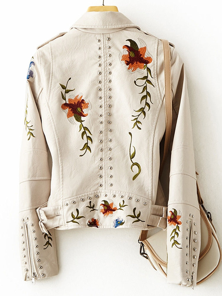 Retro Floral Print Embroidery Faux Soft Leather Jacket