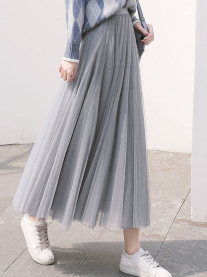 3 Layers Pleated  Midi Tulle Skirt