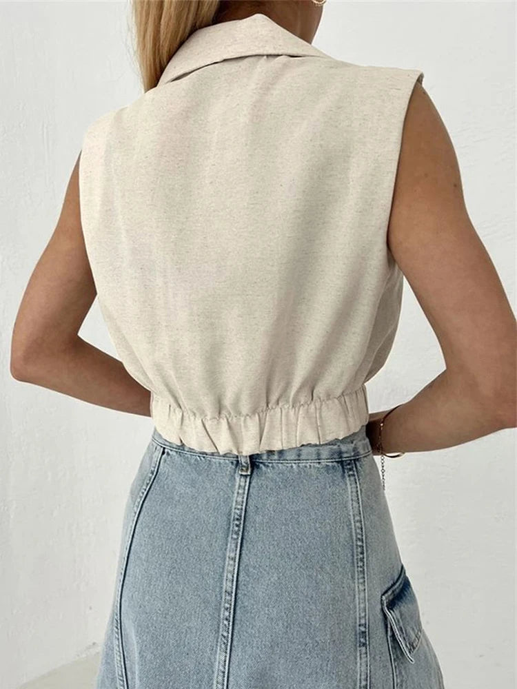 Linen Sleeveless V-neck Vest Crop