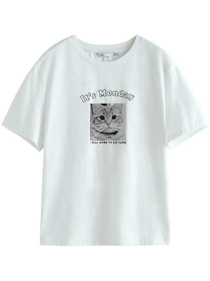 Cute Cat Print Design Simple Short-sleeved T-shirt