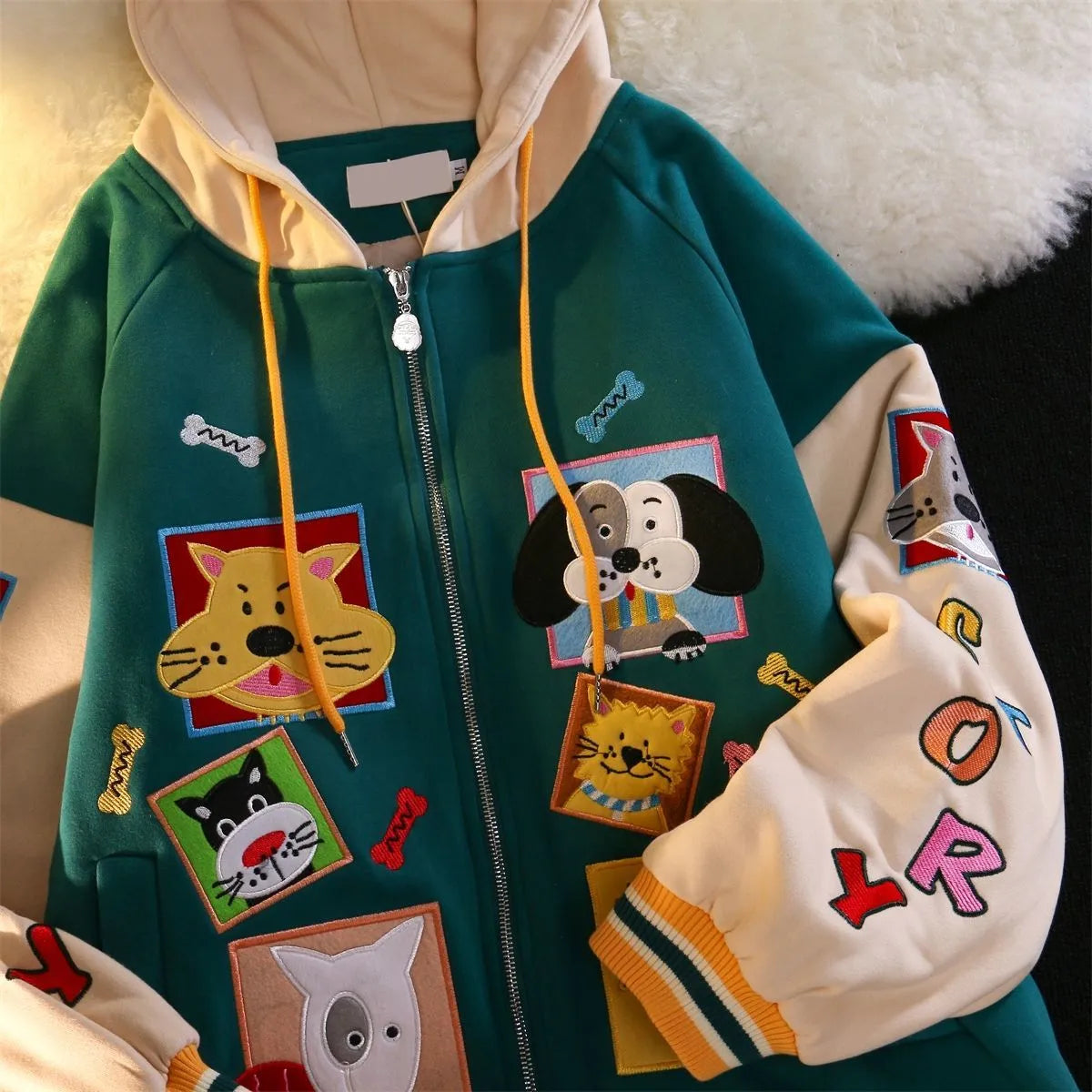 Vintage Cute Cartoon Print Zip Up Hoodies