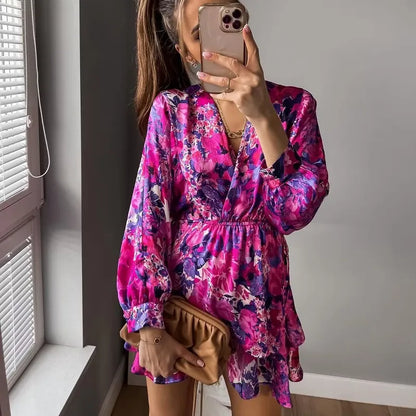 V Yaka Vintage Çiçek Desenli Elbise