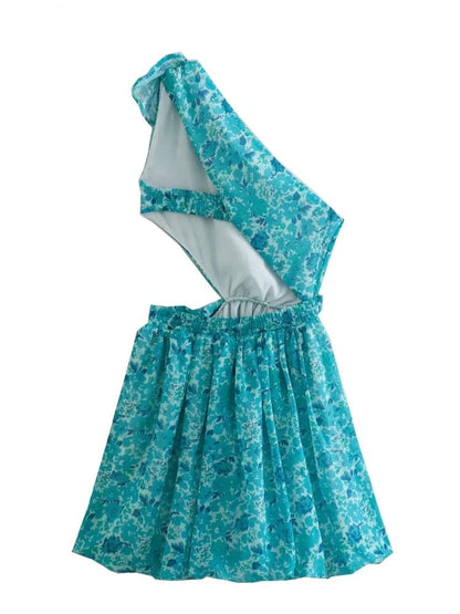 Single Shoulder Floral Print Chiffon Mini Dress