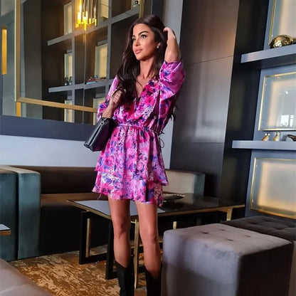 V Yaka Vintage Çiçek Desenli Elbise