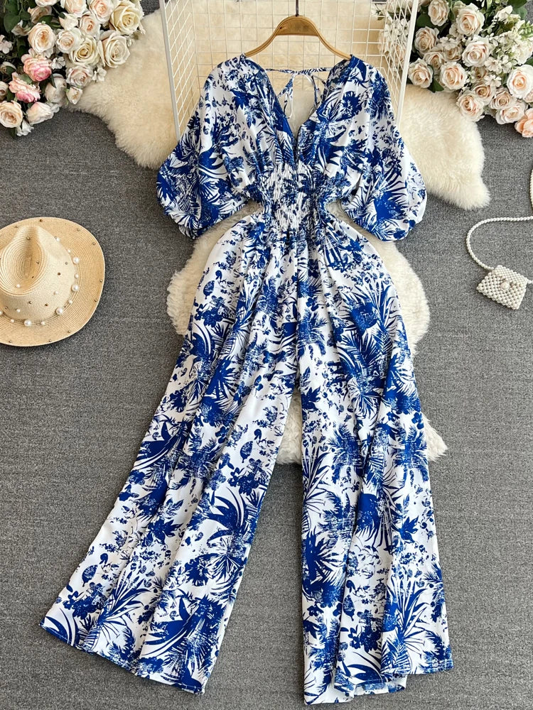 V-Neck Puff Sleeve Printed Romper