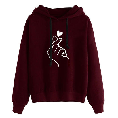 Finger Heart Print Drawstring Hooded Hoodie