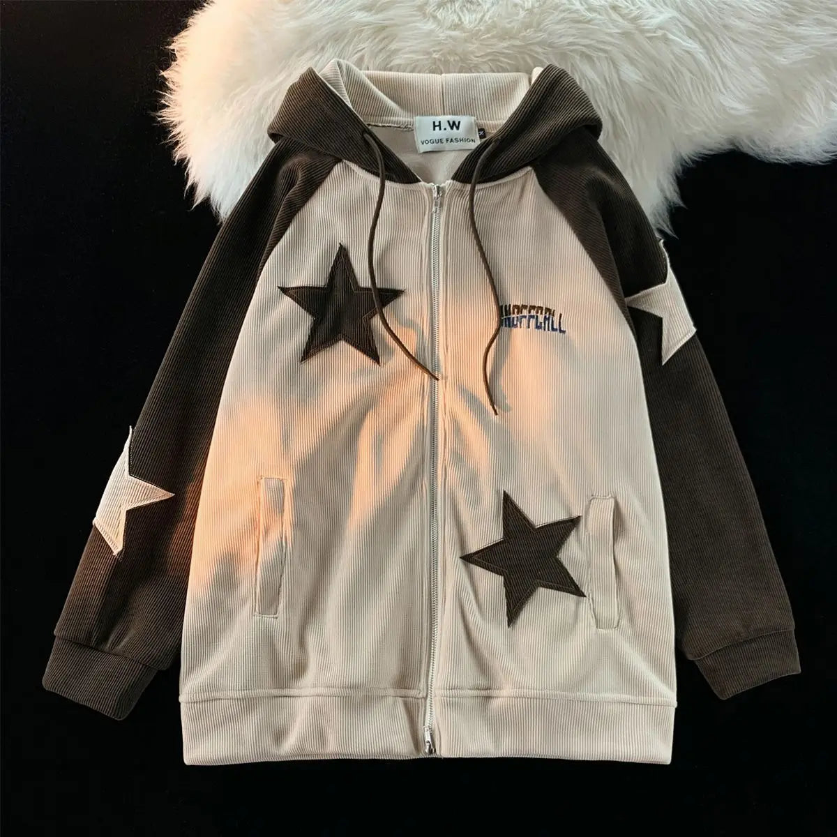 Retro Star Patch Zipper Hoodie