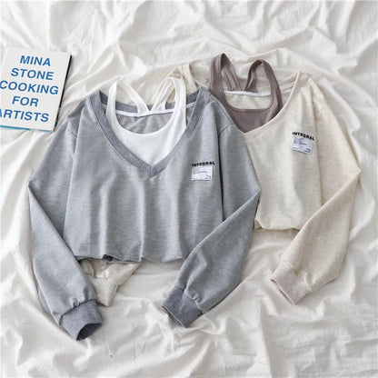 Fake Two Pieces Strapless Crop Sweatshirt