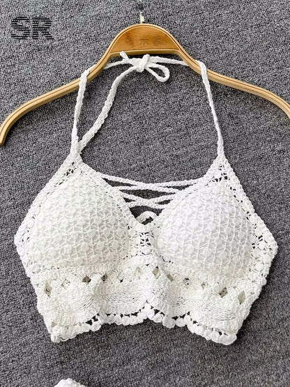 SINGREINY Knit Two Piece Sets Women Summer Vacation Backless Camisole Elastic Waist Shorts Hollow Out Y2K Beach Style Suits