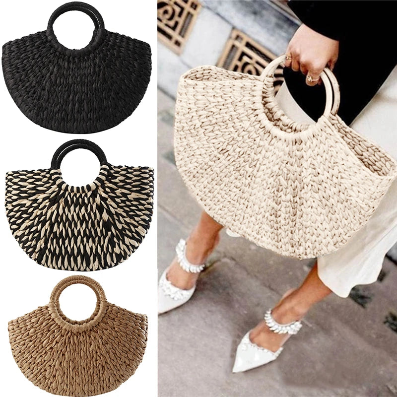 Woven Large Capacity Half Round Handbag