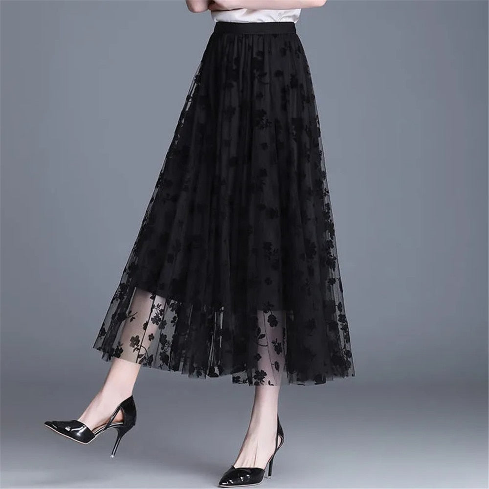 Mesh Floral Skirt Long Gauze Skirt High Waisted Mujer Printing