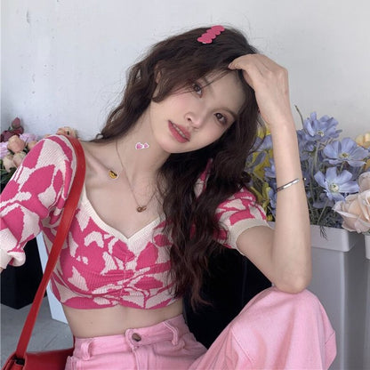 Puff SleeveV-neck Summer Basics T-shirt