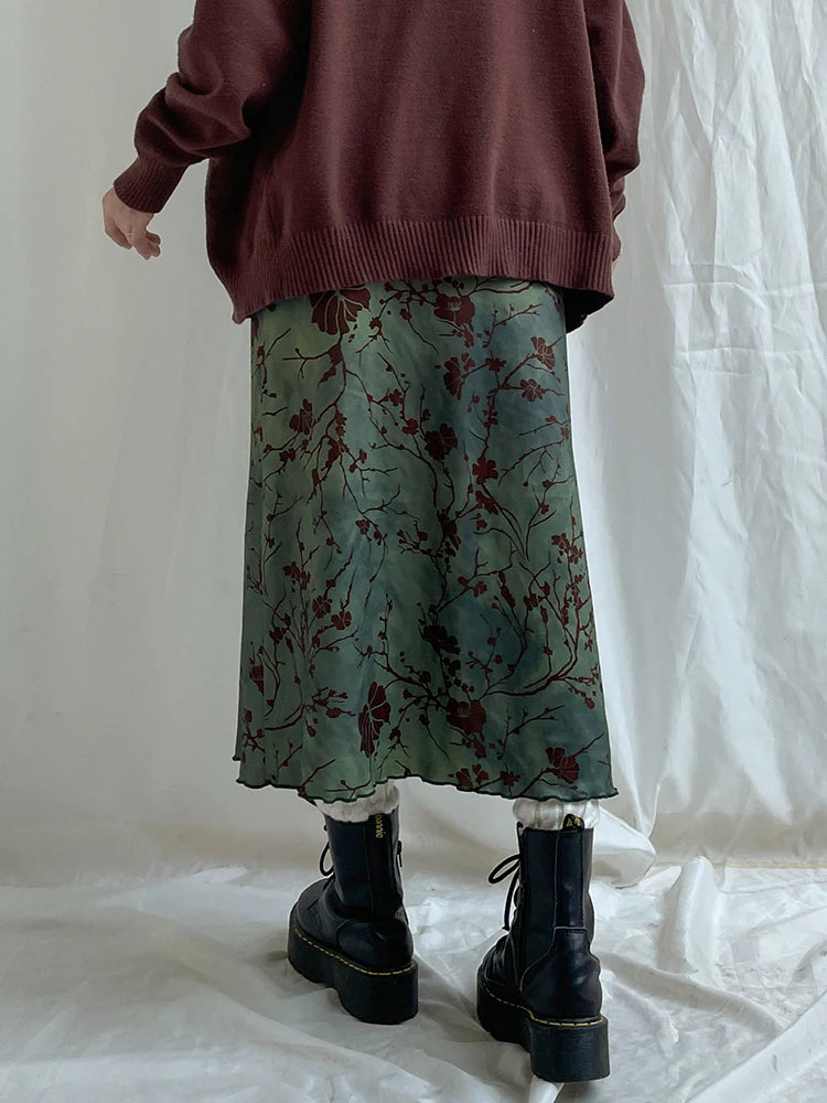 Vintage Long Skirt Green Floral Print Skirt