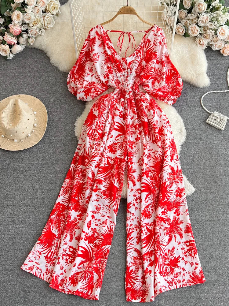 V-Neck Puff Sleeve Printed Romper