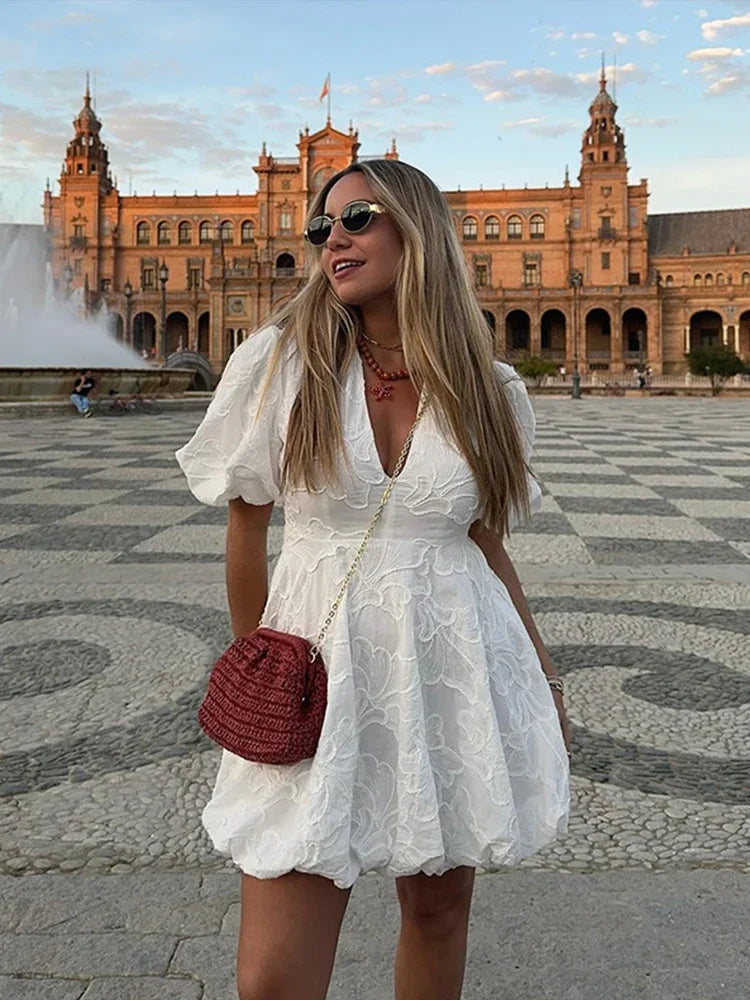 Chic Embroidered Puff Sleeves Dress