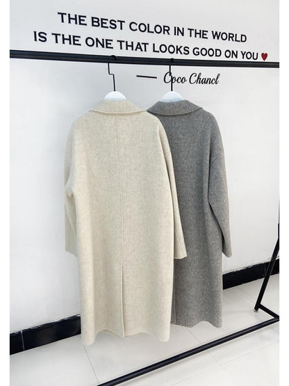 Double-breasted silk Rabbit Woolen Long Overcoat