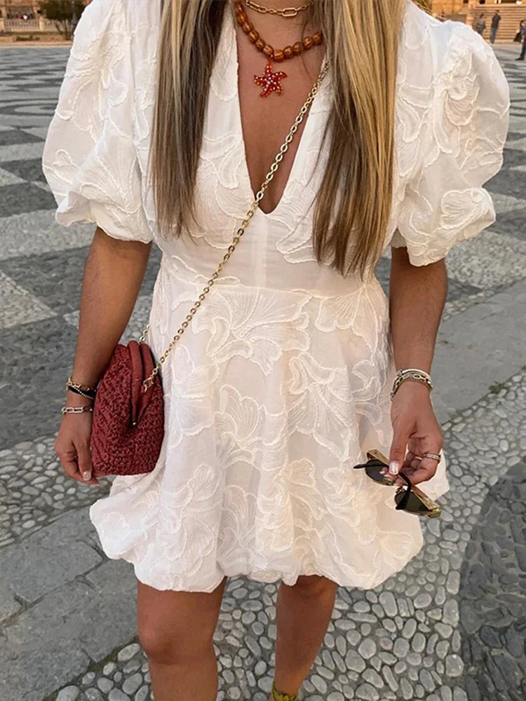 Chic Embroidered Puff Sleeves Dress