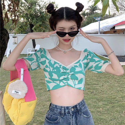 Puff SleeveV-neck Summer Basics T-shirt