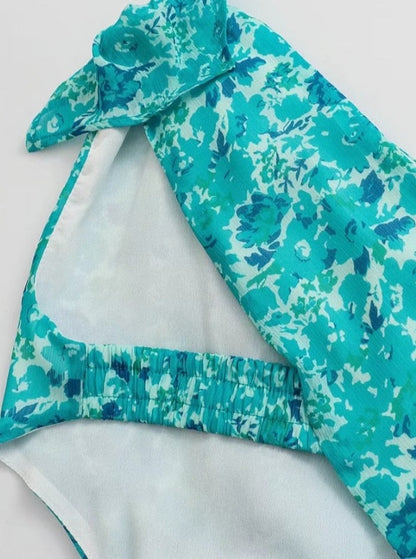 Single Shoulder Floral Print Chiffon Mini Dress