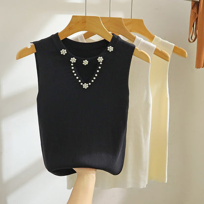 Sleeveless White Knit Tank Top