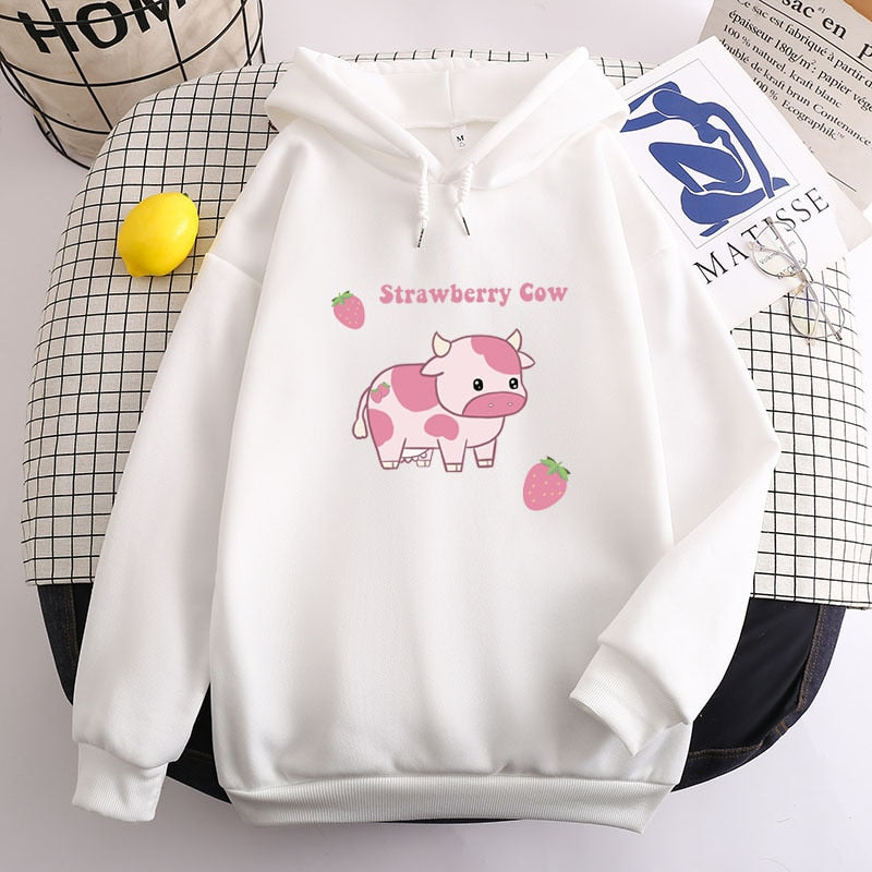 Strawberry Cow Printed Oversized Hoodie