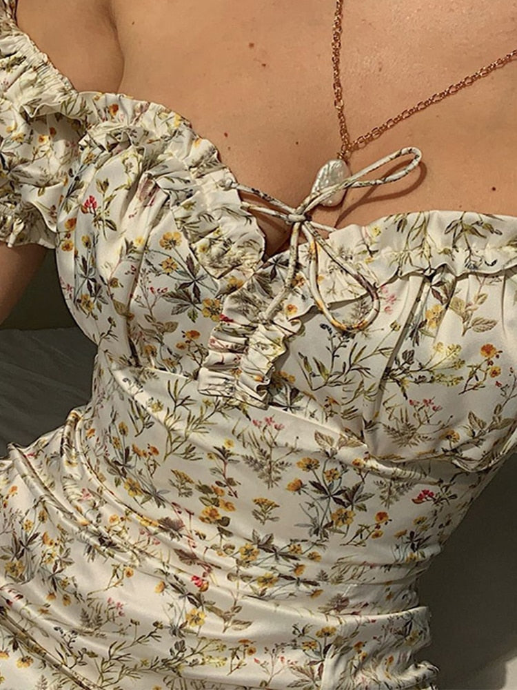 Summer Floral Shoulder Puff Sleeve Maxi Dress Split