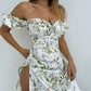 Summer Floral Shoulder Puff Sleeve Maxi Dress Split