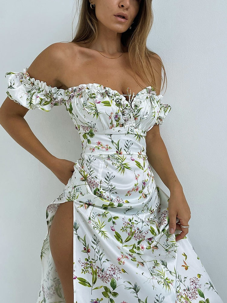 Summer Floral Shoulder Puff Sleeve Maxi Dress Split