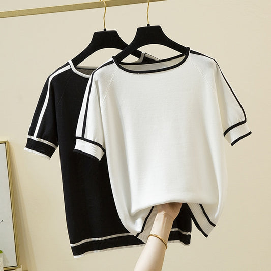 Thin Knitted Short Sleeve Summer Striped T-Shirt