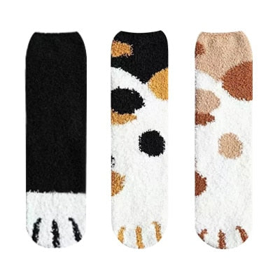 3 Pair Winter Warm Cat Paw Patterned Soft Velvet Funny Sock