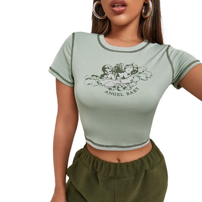 Short Sleeve Round Neck Contrast Stitch Slim Fit Crop