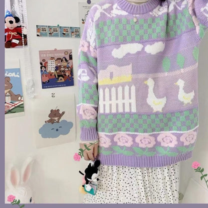 Purple Flowers Design Vintage College Girl Knitwear