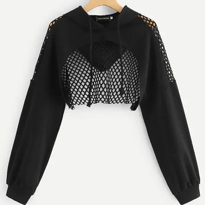Ultra Short Mesh Splice pullover Sweatshirts Gothic Women