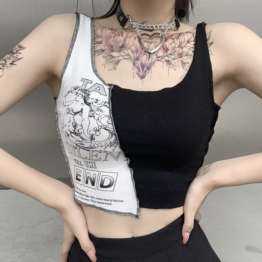 Punk Style Patchwork Graphic Print Crop