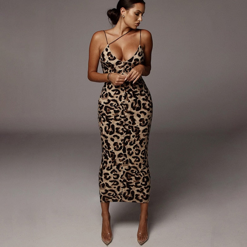Leopard Print Sleeveless Sexy Midi Dress