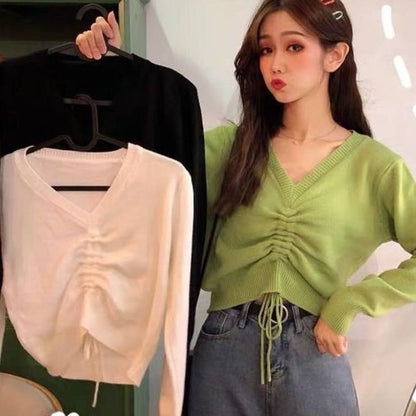 Spring Fall Lace-up Chic V-neck solid Ladies Knitwear