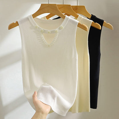 Sleeveless White Knit Tank Top