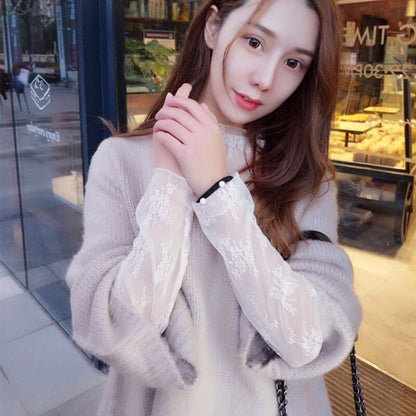 Lace Bottomed Blouse Long Sleeve Crop High Neck