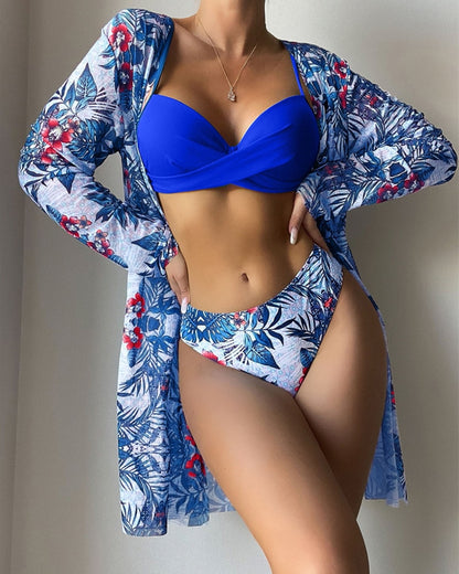 Floral Print Bikini Set Low Waist Three Pieces