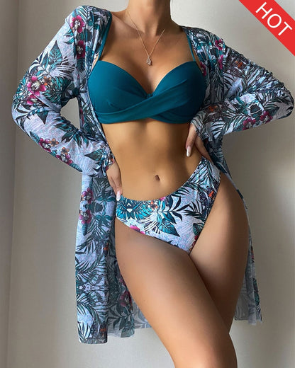 Floral Print Bikini Set Low Waist Three Pieces