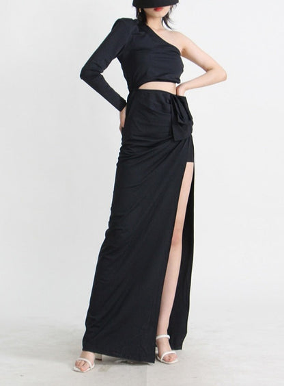 Diagonal Collar One Shoulder High Waist Minimalist Dress