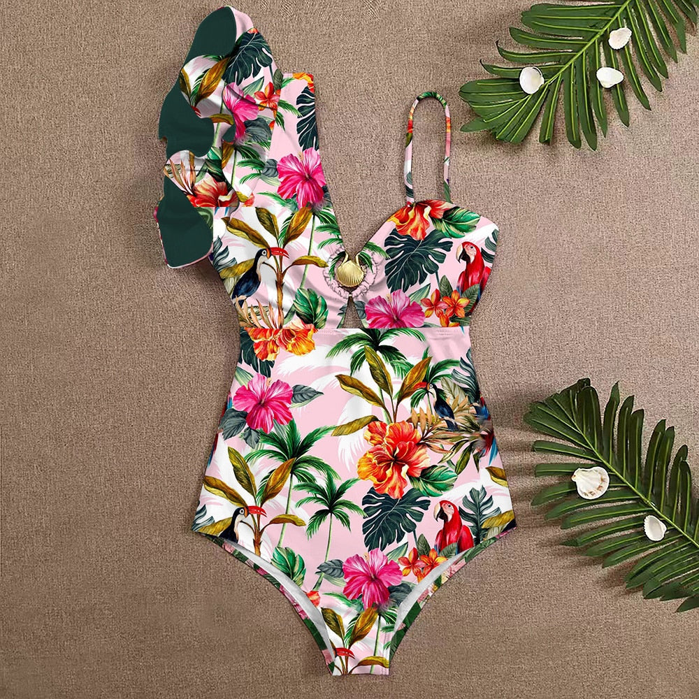 Sexy One-Shoulder Ruffle One Piece Print Floral Swimsuit