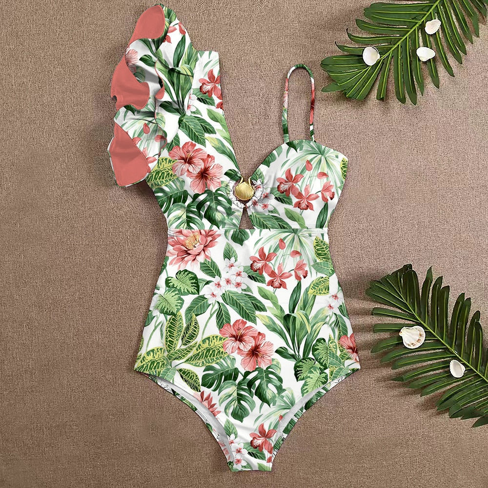 Sexy One-Shoulder Ruffle One Piece Print Floral Swimsuit