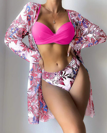 Floral Print Bikini Set Low Waist Three Pieces