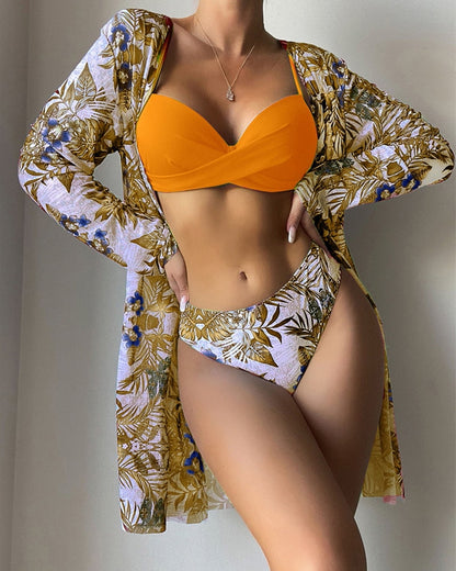 Floral Print Bikini Set Low Waist Three Pieces